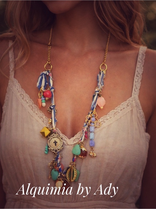 Alquimia Jewelry - Charms multi layered statement bandanna necklace with turquoise